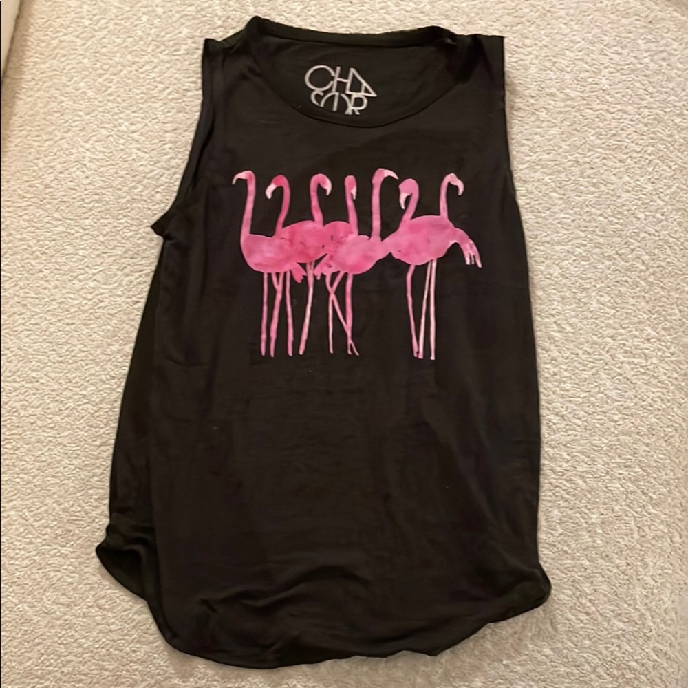 Black Muscle Tank Top with Pink Flamingo Graphic